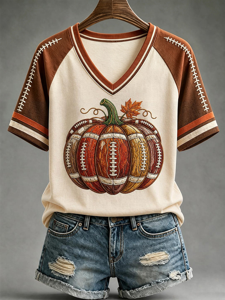 Women's Fall Means Football Print Casual V-Neck Tee