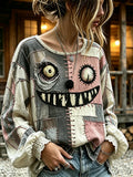 Women's Retro Halloween Patchwork Print Cotton-Linen Shirt
