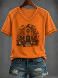 Women's Autumn pumpkin Art Printed V-neck T-shirt