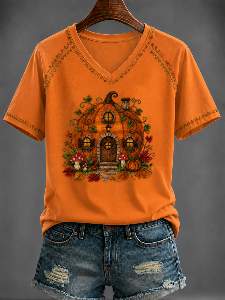 Women's Autumn pumpkin Art Printed V-neck T-shirt