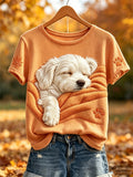 Women's Fall Cozy Sleeping Maltese Dog in Blanket Paw & Maple Leaf Print short-sleeved T-shirt