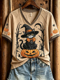 Women's Halloween cat print casual short-sleeved V-neck T-shirt