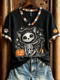 Women's Halloween cat print casual short-sleeved V-neck T-shirt