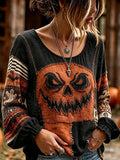 Women's Vintage Halloween Spooky Face Patchwork Print Cotton-Linen Shirt