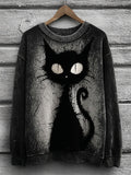Women's Halloween Witch's Familiar Black Cat Print Sweatshirt