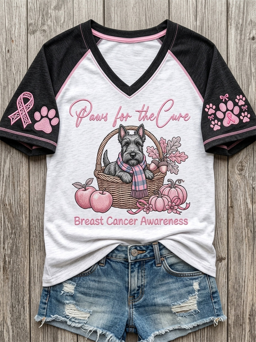 Women's Paws For The Cure Breast Cancer Awareness Dog Print V-neck Short-sleeved T-shirt