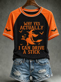 Women's Halloween Witch Black Cat Bat  I Can Drive A Stick Print Short-sleeve T-shirt
