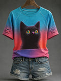 Women's Black Cat Print Casual T-Shirts