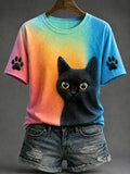 Women's Colorful Black Cat Casual T-Shirts