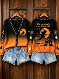 Women's Why Yes I Can Drive A Stick Halloween Witch Gradient Print Cardigan