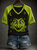 Women's Halloween Witch Face Printed V-neck T-shirt