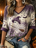 Women's Retro Halloween Pattern Printed Casual Mid-length Sleeves V-Neck T-Shirt