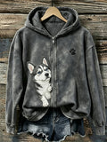Women's Peeking Husky Dog & Paw Print Full Zip Cozy Hoodie