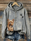 Women's Funny Helpless Yorkshire Dog & Paw Print Full Zip Cozy Hoodie