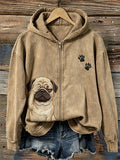 Women's Funny Helpless Pug Dog & Paw Print Full Zip Cozy Hoodie