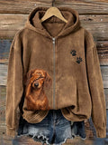 Women's Funny Helpless Dachshund Dog & Paw Print Full Zip Cozy Hoodie