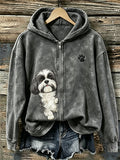 Women's Peeking Shih Tzu Dog & Paw Print Full Zip Cozy Hoodie