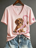 Women's Strength Pink Ribbon Dachshund Dog & Paw Print short-sleeved T-shirt