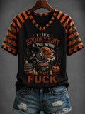 Women's Halloween “I LIKE SPOOKY SHIT & THE WORD FUCK” Printed V-neck T-shirt