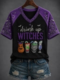 Women's Halloween “drink up WITCHES” Printed V-neck T-shirt