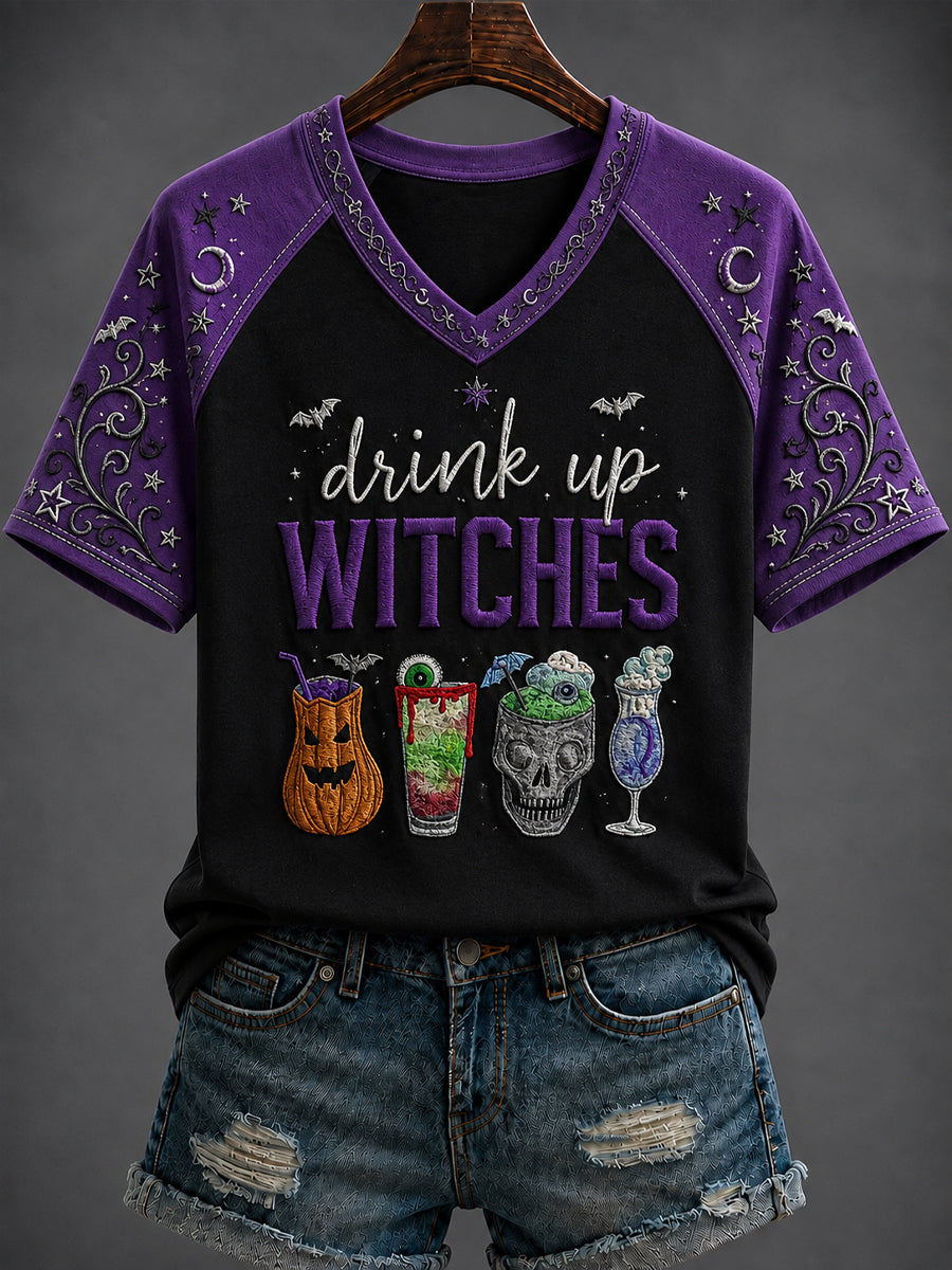 Women's Halloween “drink up WITCHES” Printed V-neck T-shirt