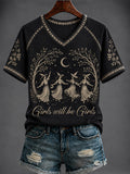 Women's Halloween “Girls will be Girls” Printed V-neck T-shirt