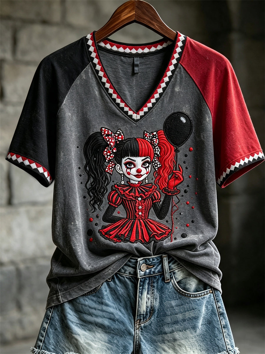 Women's Vintage Jester Inspired Diamond Pattern Print Contrast Color short-sleeved T-shirt