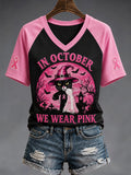 Women's In October We Wear Pink Halloween Black Cat Print Breast Cancer Awareness Support V-Neck Tee
