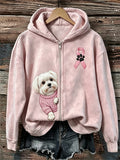 Women's Peeking Maltese Dog Pink Ribbon Breast Cancer Awareness Full Zip Hoodie