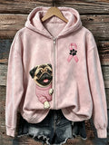 Women's Peeking Pug Dog Pink Ribbon Breast Cancer Awareness Full Zip Hoodie