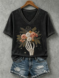 Women's Skull and Floral Print Casual T-Shirt