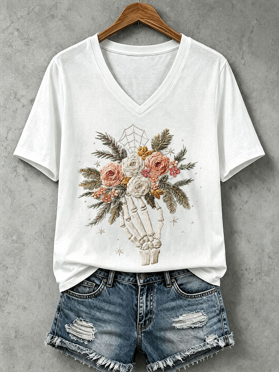 Women's Skull and Floral Print Casual T-Shirt