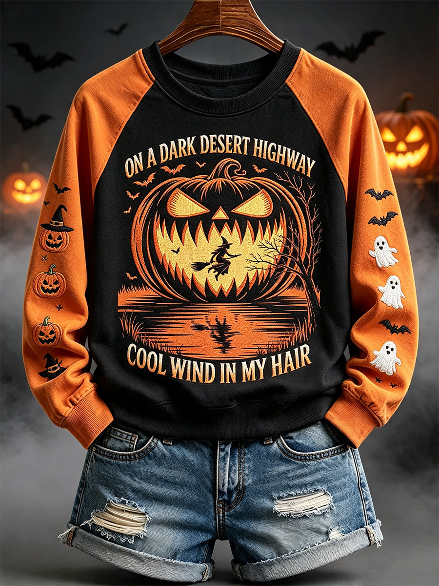 Women's On A Dark Desert Highway Halloween Print Raglan Sleeve Sweatshirt