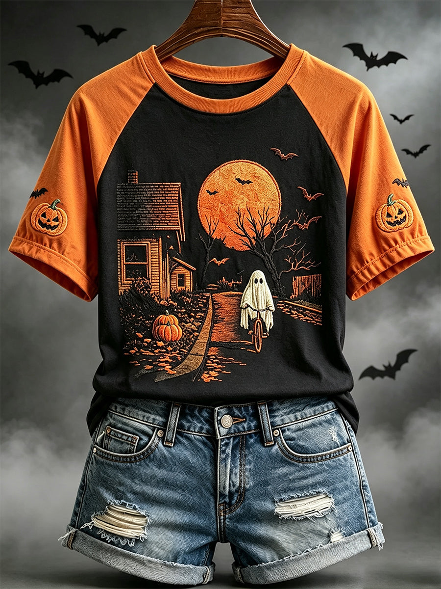 Women's Halloween Ghost Print Round Neck Short Sleeve T-shirt