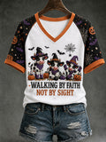 Women's Walking By Faith Tripping Constantly Halloween Highland Cow V-neck T-shirt