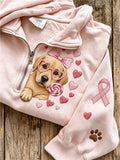 Women's Breast Cancer Themed Cute Dog Pattern Prints Casual Half-Zipper Sweatshirt