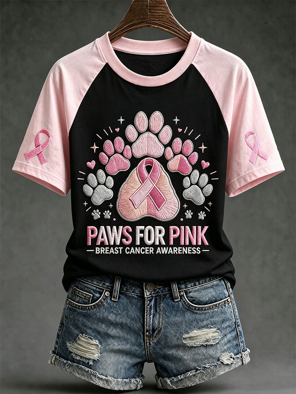 Women's Breast Cancer Theme Cute Dog Paw Pattern Prints Casual Short Sleeve T-Shirt