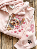 Women's Breast Cancer Themed Cute Dog Pattern Prints Casual Half-Zipper Sweatshirt