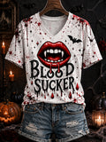 Women's Halloween Blood Sucker Bloodstain Print Casual V-Neck Tee