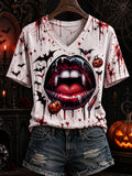 Women's Funny Halloween You're Not My Blood Type Bloodstain Print Casual V-Neck Tee