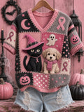 Women's Halloween Pink Dog And Cat Pink Ribbon Print Breast Cancer Awareness Support V-Neck Top