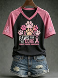 Women's Breast Cancer Themed Cute Dog Paw Pattern Printed V-neck Short-Sleeved T-shirt