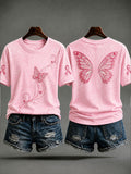 Women's Butterfly Print Breast Cancer Prevention T-shirt