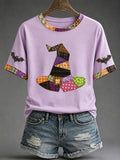 Women's Halloween Witch Hat Gothic Art Print Casual T-shirt