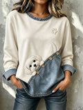 Women's Vintage Peeking Maltese Dog & Paw Print Casual Button Sweatshirt