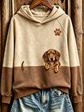 Women's  Peeking Dachshund & Paw Print Contrast Color Cozy Sweatshirt