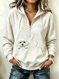 Women's Vintage Peeking Maltese Dog & Paw Print Hooded Zipper Hoodie