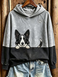 Women's  Peeking Border Collie & Paw Print Contrast Color Cozy Sweatshirt