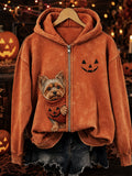 Women's Halloween Peeking Yorkie Dog & Pumpkin Face Print Full Zip Hoodie