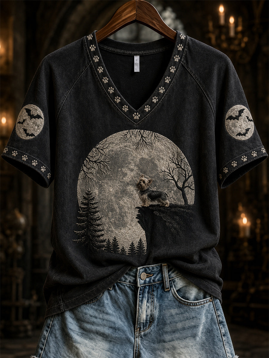 Women's Halloween Yorkshire Dog Full Moon Forest Print short-sleeved T-shirt